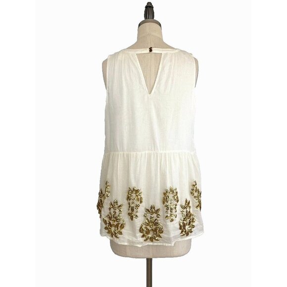 Maeve Anthropologie Simona Top Sm Sequined Cut Out Babydoll Blouse Ivory Gold - Picture 5 of 12